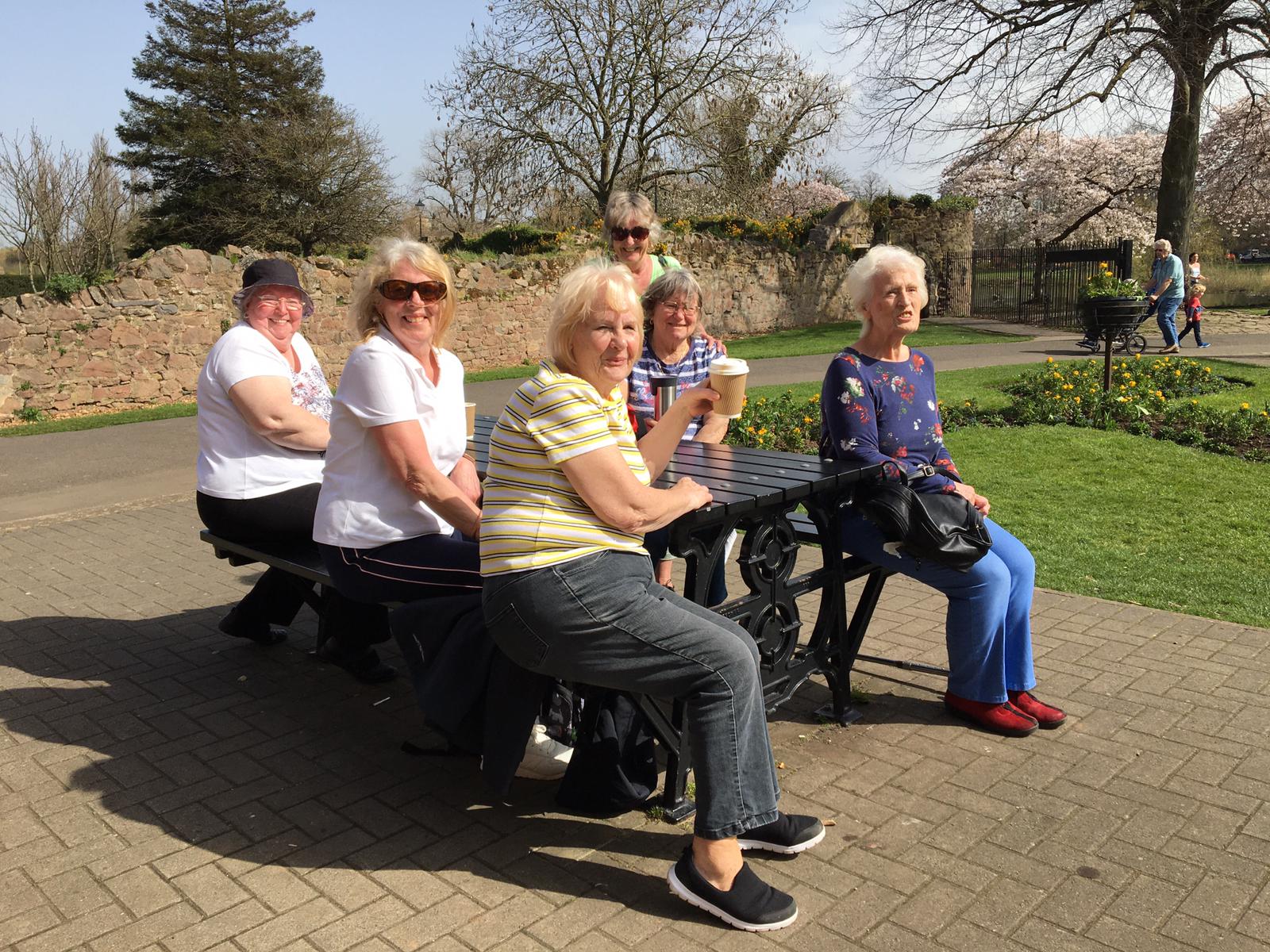 Friends meet in Abbey Park, Leicester, including (front) Liz Street and Vicky Grimmer