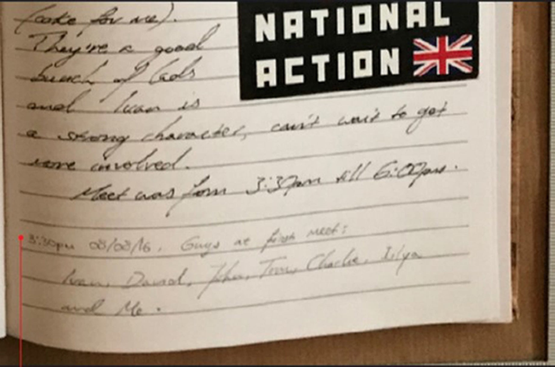 A diary entry by Hannam after attending a National Action meeting