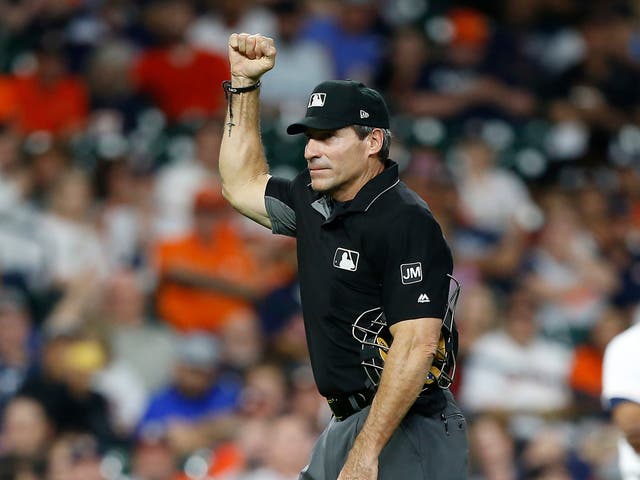 Umpire Angel Hernandez during a game between the Houston Astros and the Minnesota Twins on April 23, 2019 in Houston, Texas.