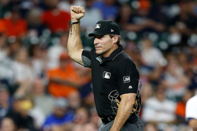 Umpire Angel Hernandez during a game between the Houston Astros and the Minnesota Twins on April 23, 2019 in Houston, Texas.