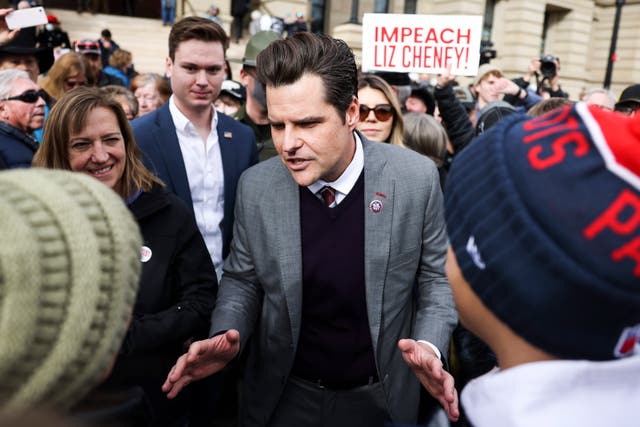 <p>Rep. Matt Gaetz (R-FL) greets supporters after speaking to a crowd during a rally against Rep. Liz Cheney (R-WY) on January 28, 2021 in Cheyenne, Wyoming.</p>