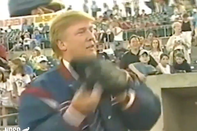 <p>Donald Trump throws the ceremonial first pitch for the Somerset Patriots, a New Jersey minor league baseball team, in 2004</p>