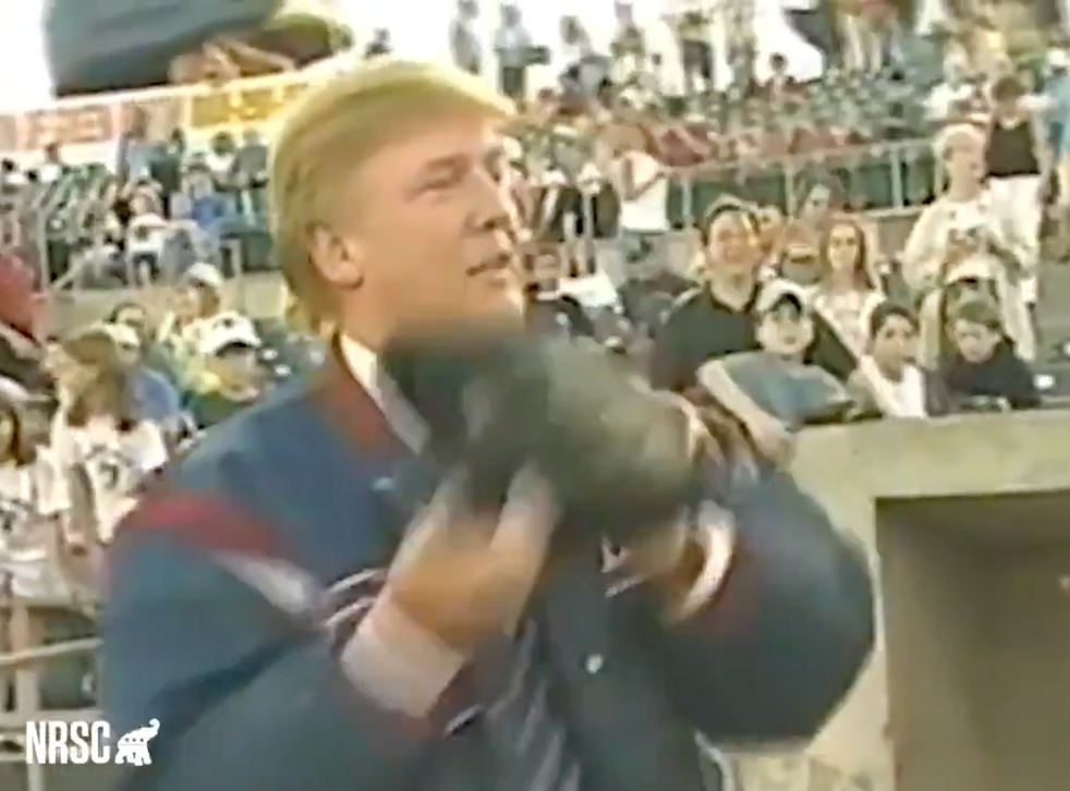 <p>Donald Trump throws the ceremonial first pitch for the Somerset Patriots, a New Jersey minor league baseball team, in 2004</p>