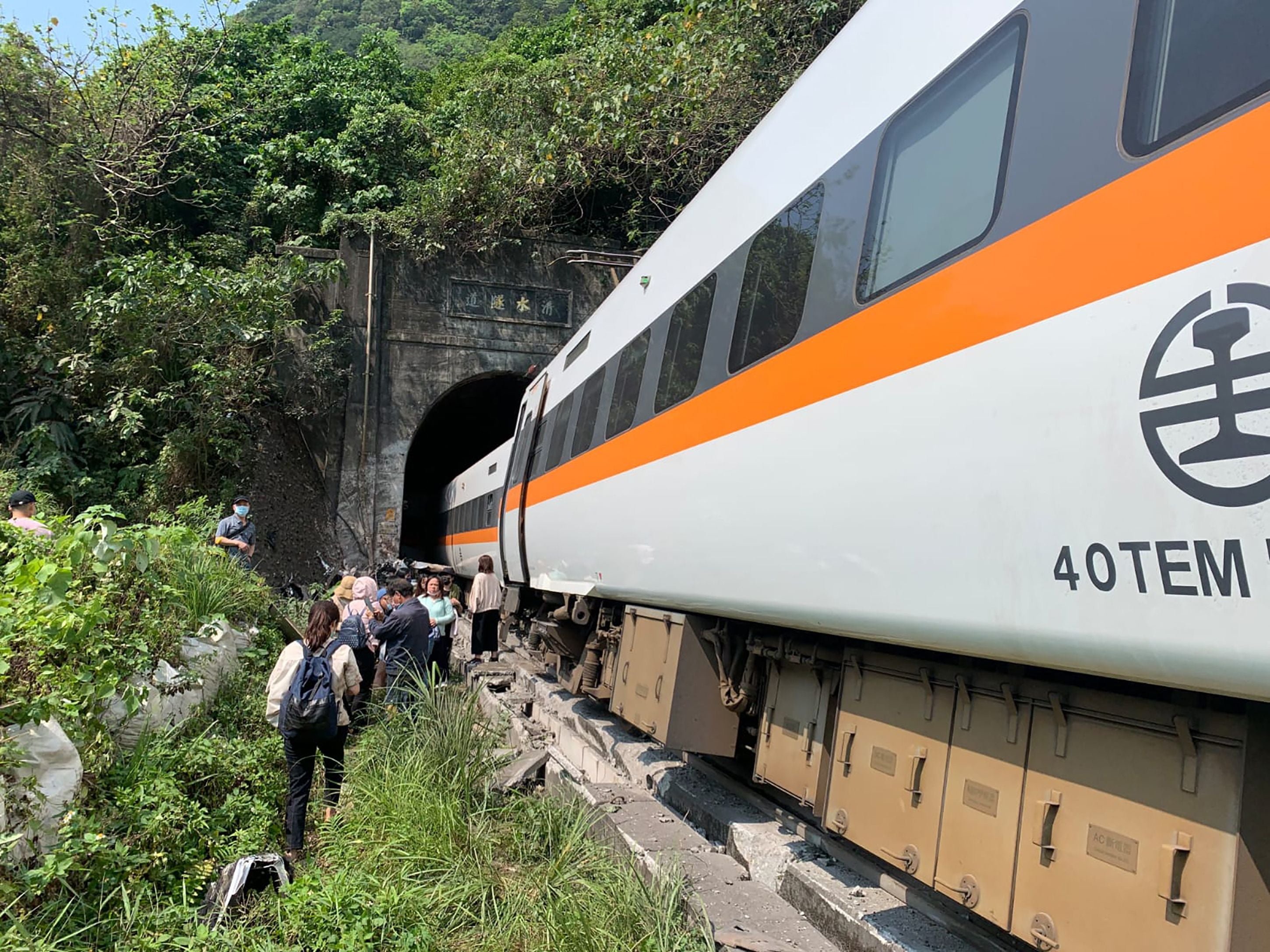 The scene of where a train derailed inside a tunnel in the mountains of Hualien, eastern Taiwan