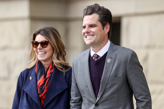 <p>Rep. Matt Gaetz (R-FL) walks with his fiancee Ginger Luckey before speaking to a crowd during a rally against Rep. Liz Cheney (R-WY) on January 28, 2021 in Cheyenne, Wyoming.</p>
