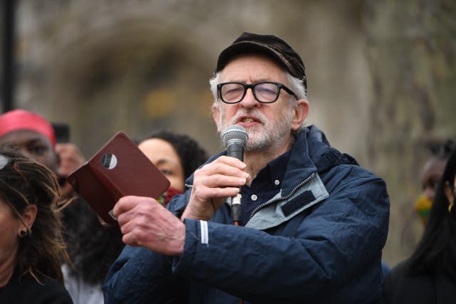 Former Labour party leader Jeremy Corbyn speaks at a 'Kill the Bill' protest in London