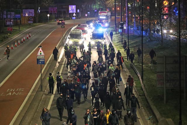 Demonstrators walk along the A4032 which leads to the M32 in Bristol during a 'Kill The Bill' protest against The Police, Crime, Sentencing and Courts Bill. 