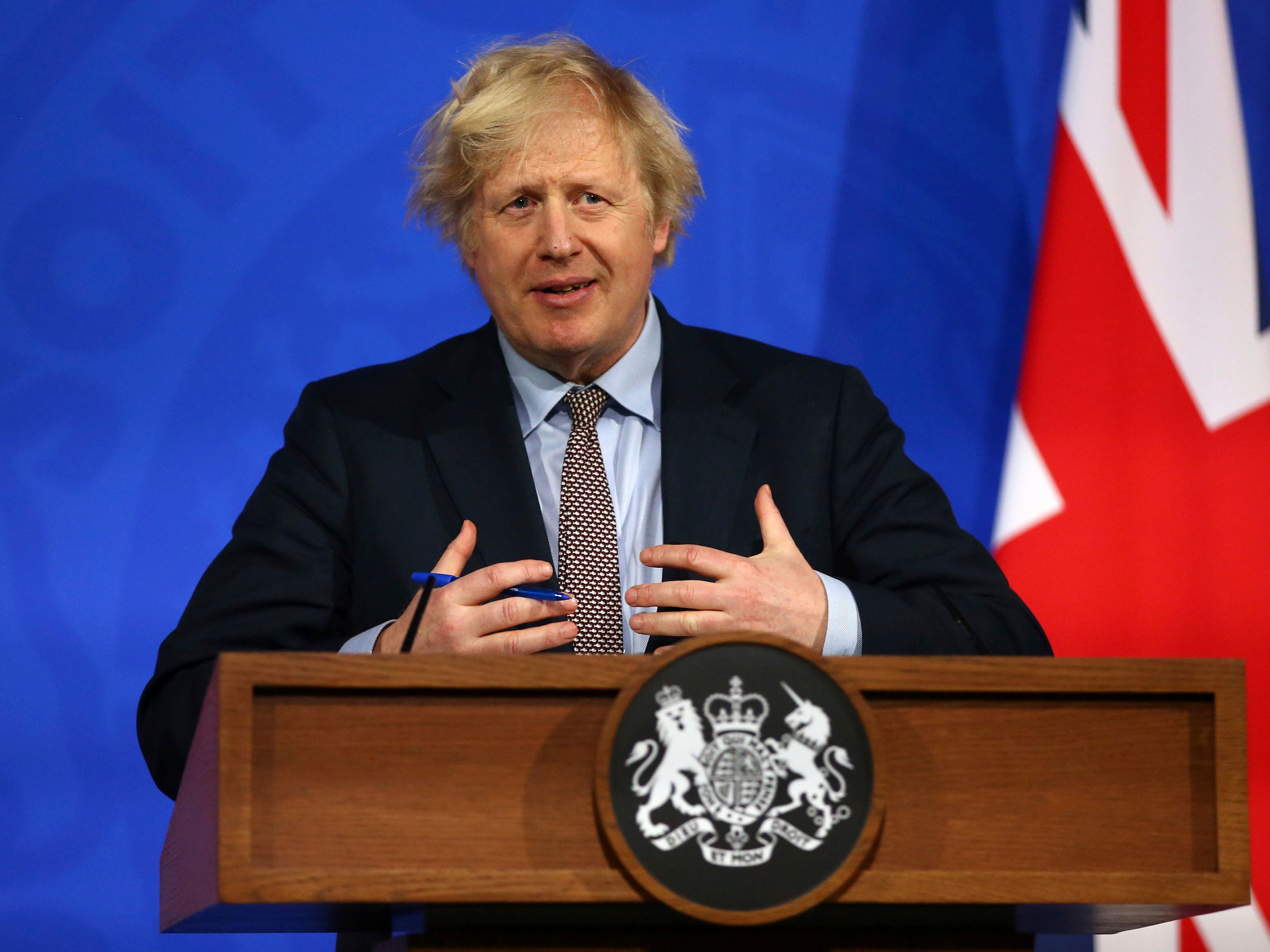 Britain's Prime Minister Boris Johnson speaks during a media briefing on COVID-19 from Downing Street's media briefing room in London