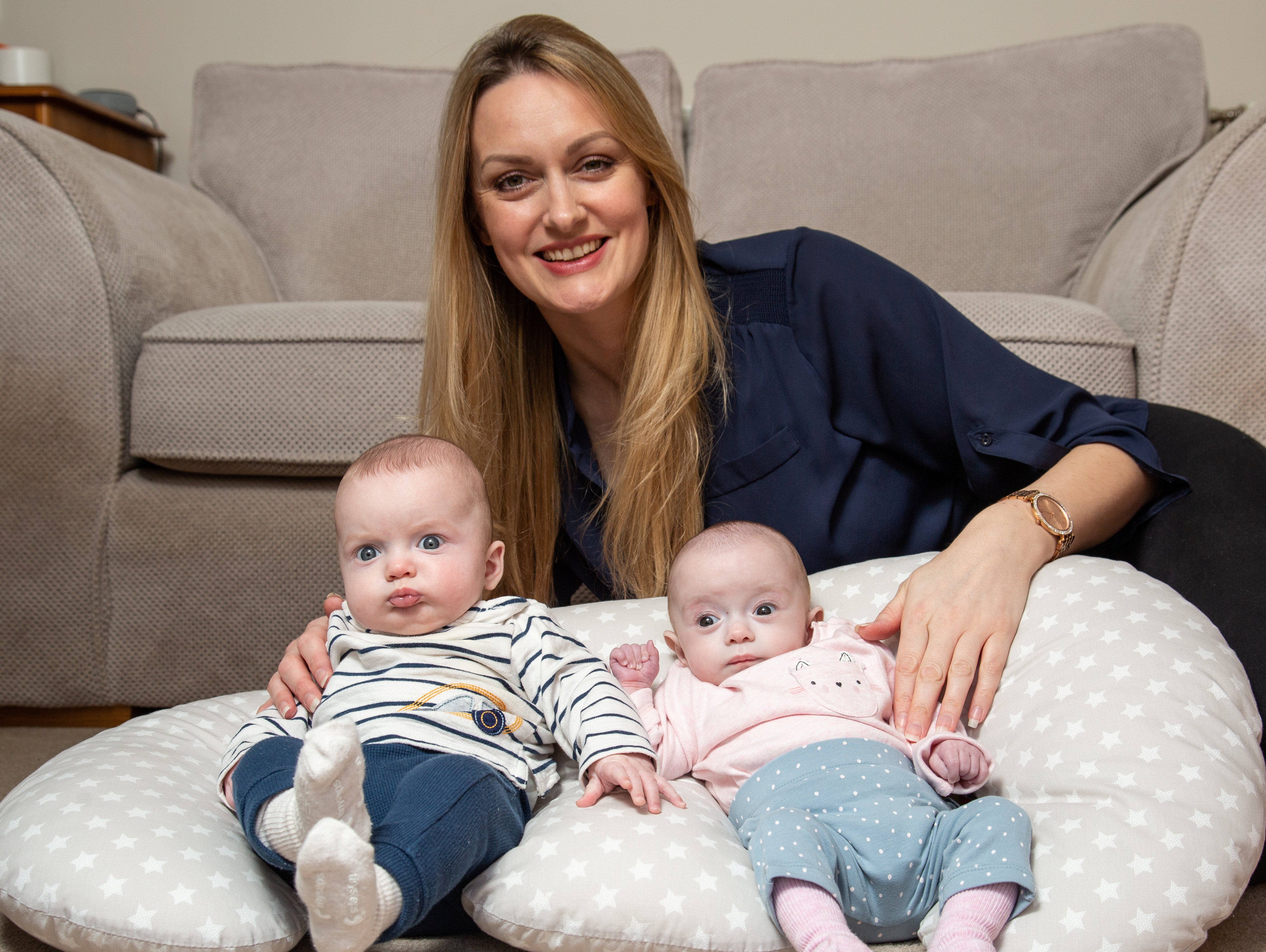 Rebecca Roberts with her twins Noah and Rosalie