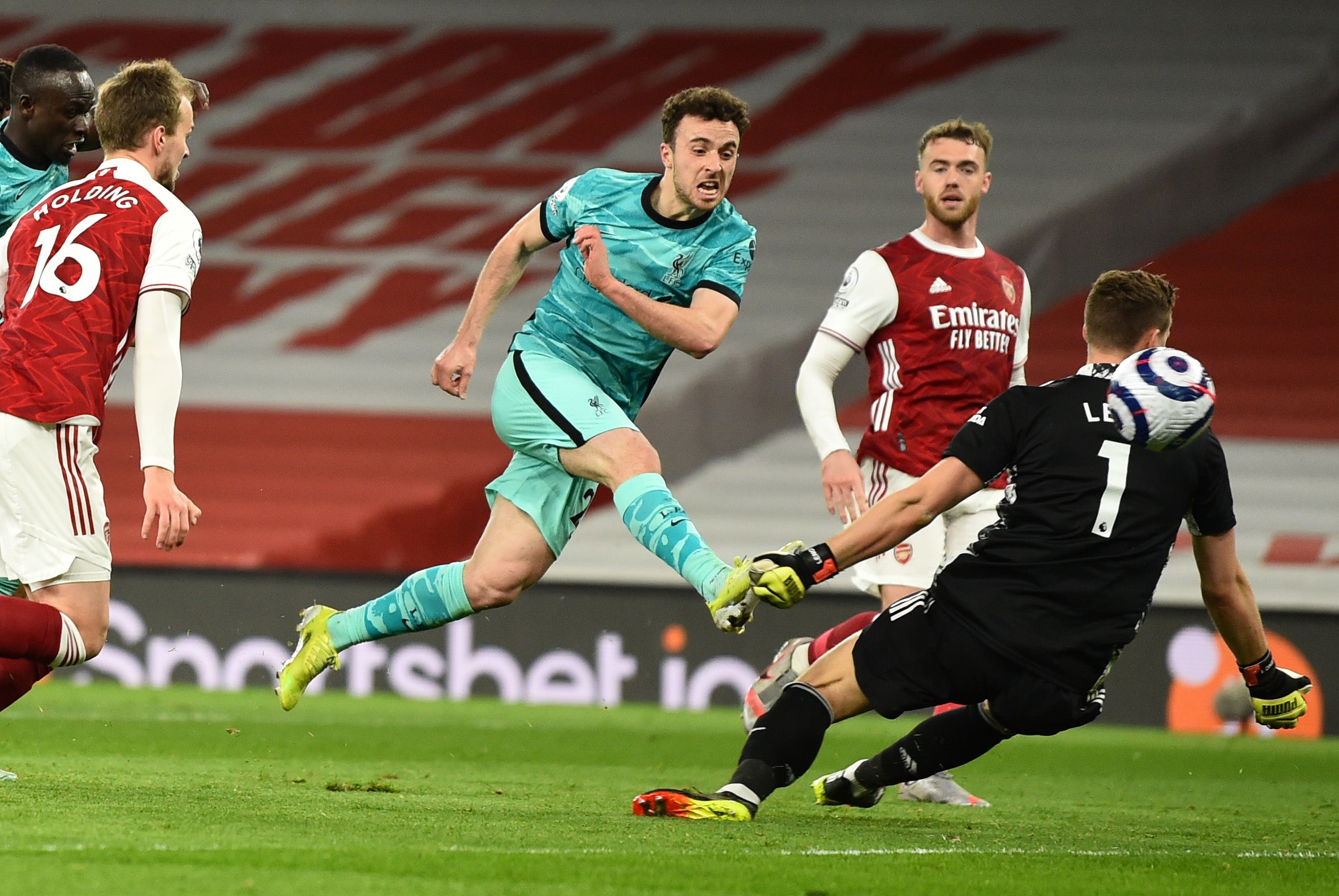 Liverpool’s Diogo Jota scores his second against Arsenal
