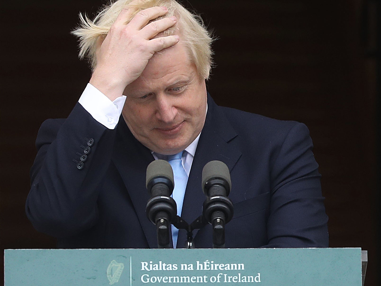 <p>Boris Johnson pictured during a press conference on the steps of the government buildings in Dublin in September 2019</p>
