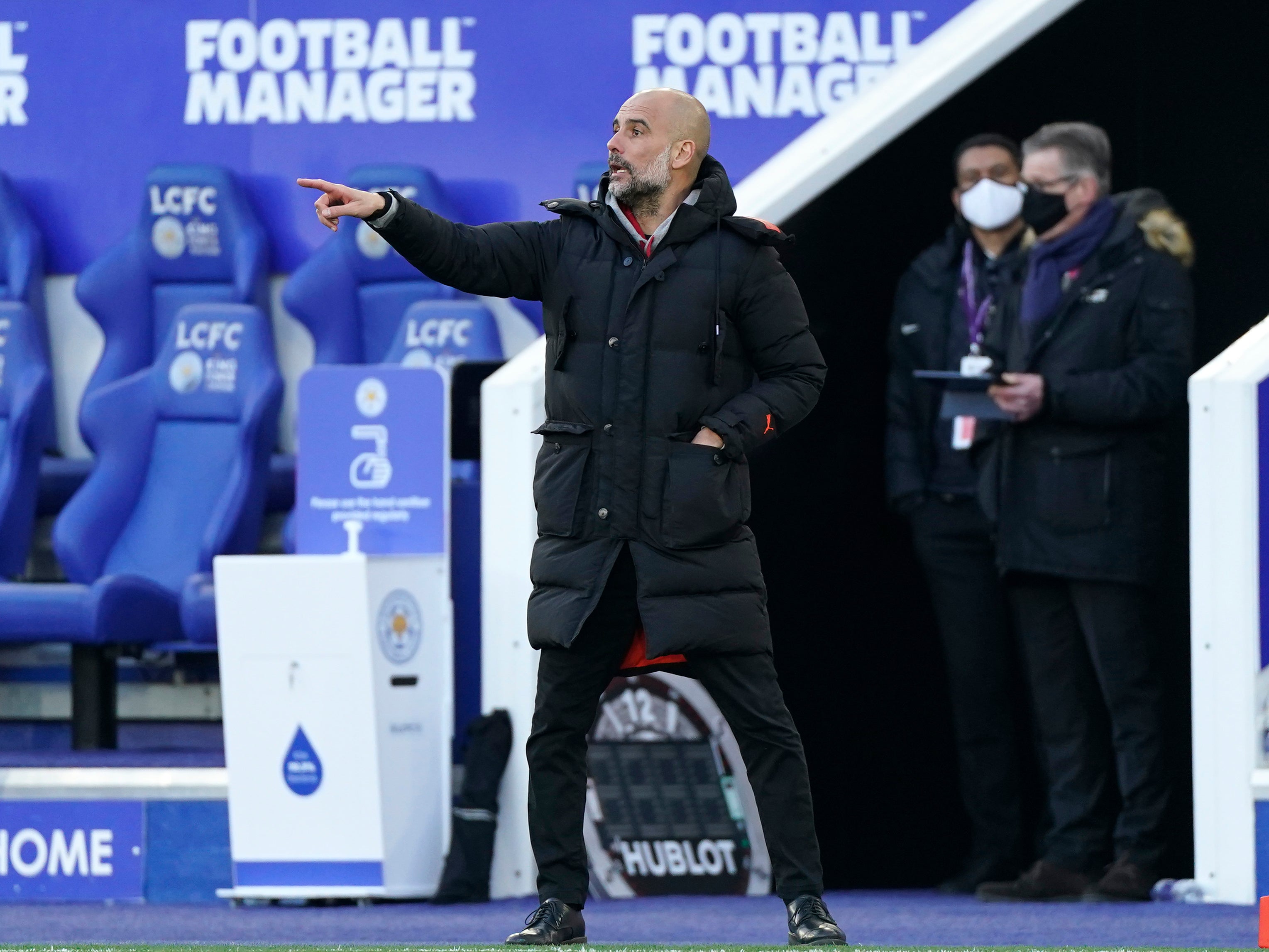 Pep Guardiola reacts during Man City’s victory against Leicester