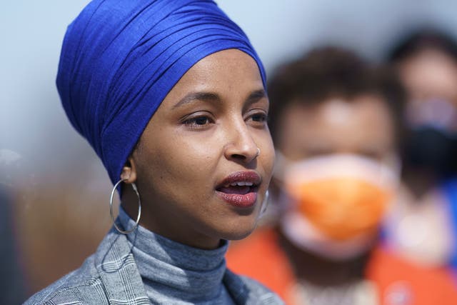 <p>Rep Ilhan Omar and other Democrats talk to reporters about rent and mortgage cancellation, at the Capitol in Washington, Thursday, 11 March, 2021</p>