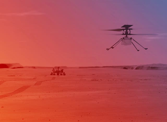 An illustration of NASA’s Ingenuity Helicopter flying on Mars