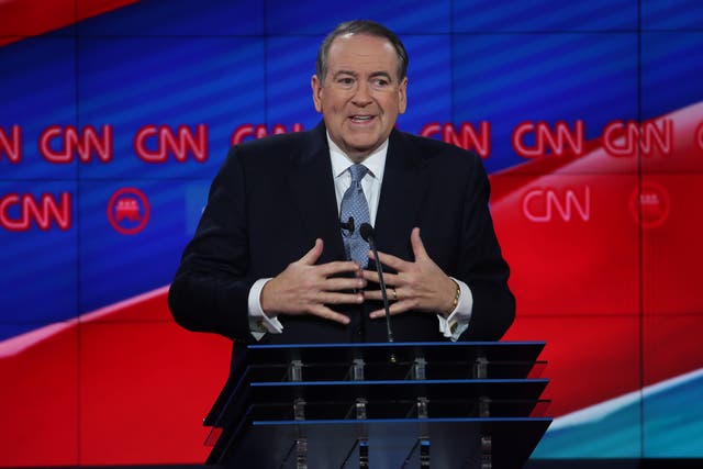 <p>Mike Huckabee, pictured in 2015 during a debate for Republican presidential candidates, has received an online backlash for an ‘anti-Asian’ tweet</p>