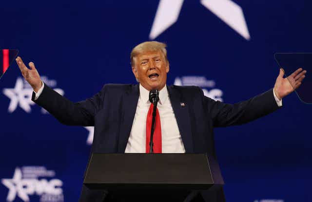 <p>Former U.S. President Donald Trump addresses the Conservative Political Action Conference (CPAC) held in the Hyatt Regency on February 28, 2021 in Orlando, Florida.</p>