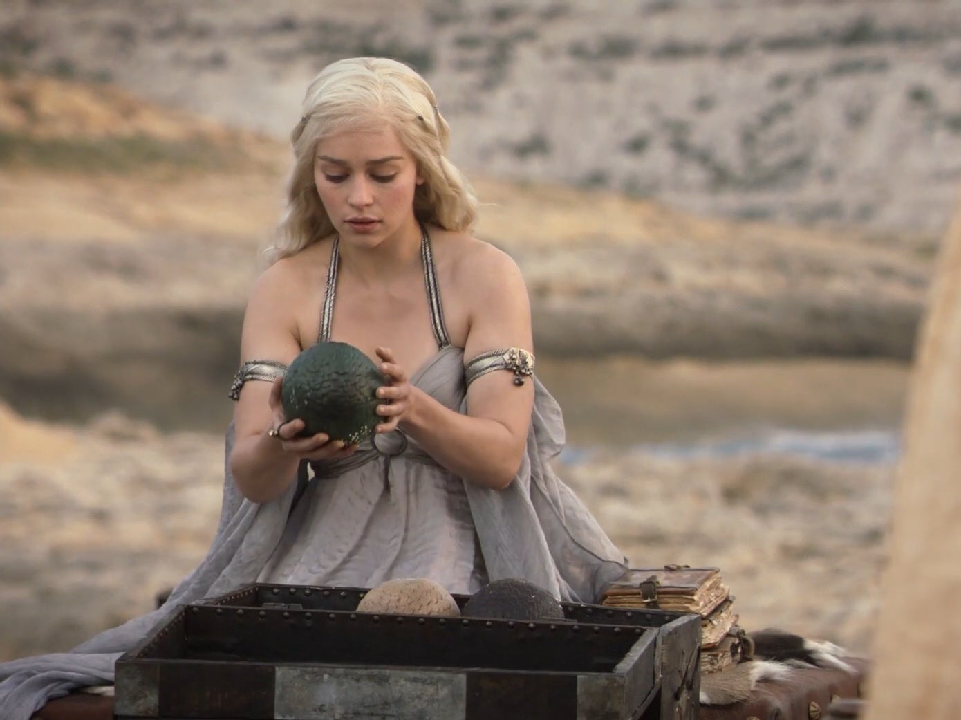Daenerys holding a dragon egg in Game of Thrones