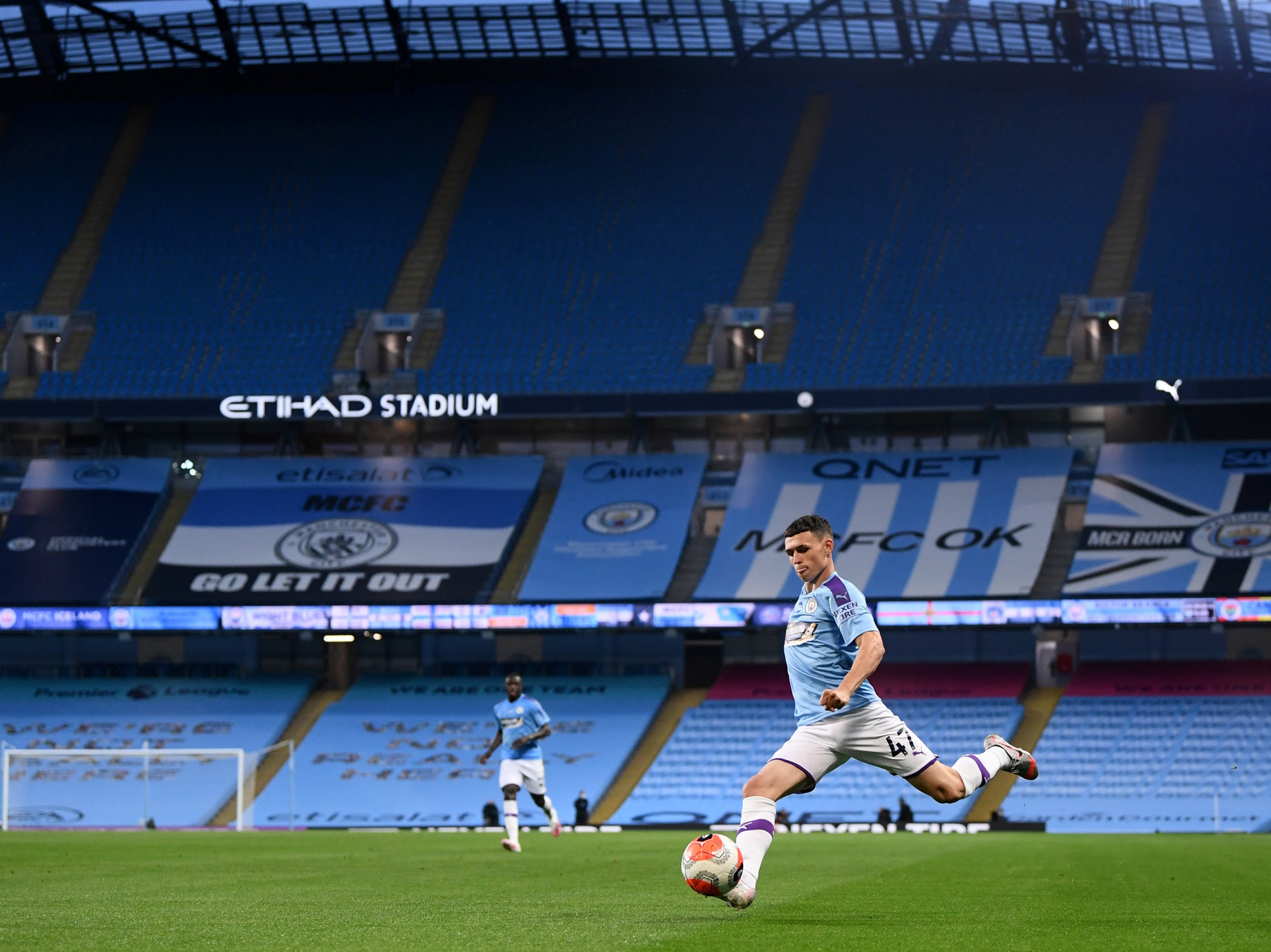Manchester City’s Phil Foden playing at the Etihad behind closed doors