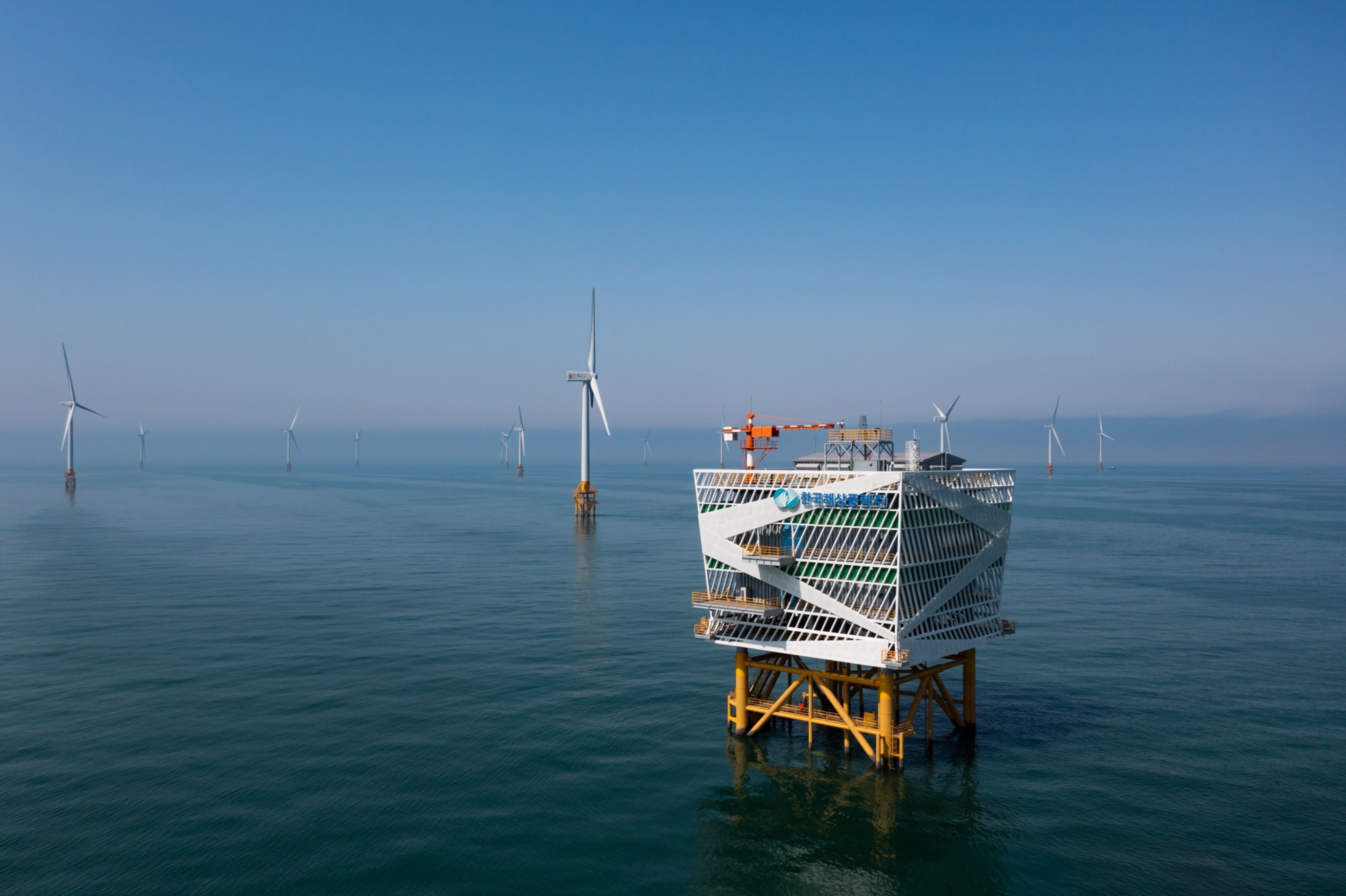 Wind turbines stand at the Korea Offshore Wind Power wind farm in Buan, South Korea