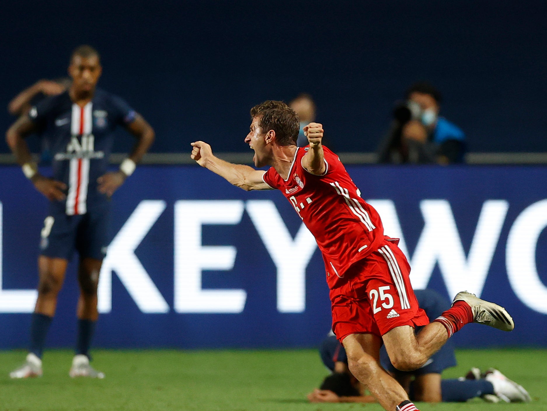 Thomas Muller celebrates last season’s Champions League final victory over PSG