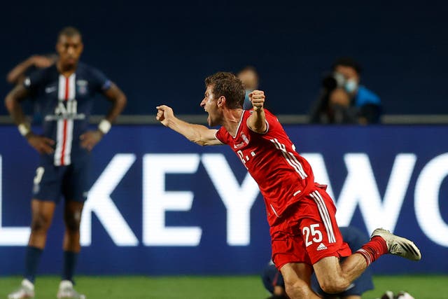 Thomas Muller celebrates last season’s Champions League final victory over PSG