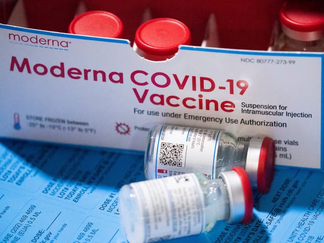 A box of the Moderna COVID-19 vaccine is used at a mass vaccination event hosted by Unity Health Care, at Walter E. Washington Convention Center in Washington, DC, USA