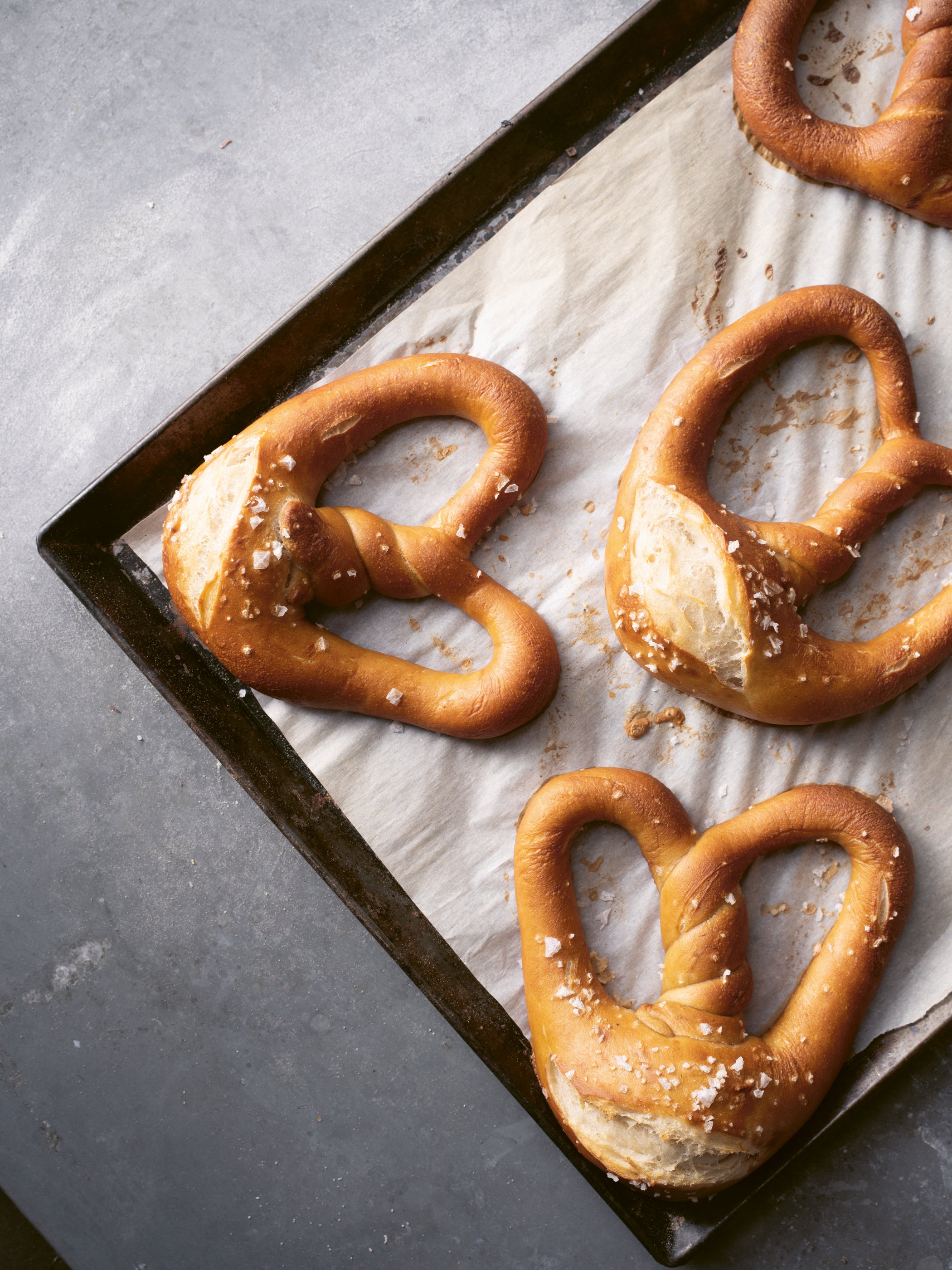 Pretzels are fine just baked on baking trays, as we’re not after a supremely crisp base