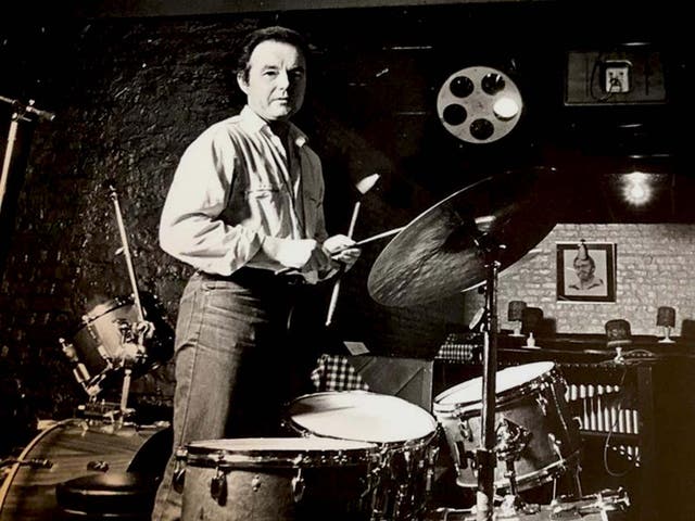 <p>Lovelock behind his kit. He played regularly at Ronnie Scott’s jazz club in Soho</p>