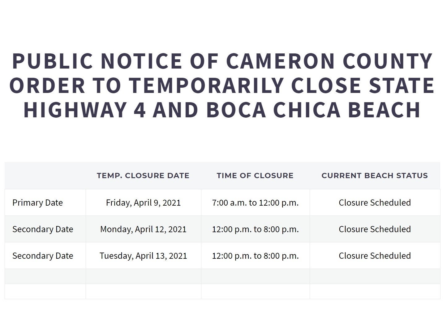 Road closures have been scheduled for Highay 4 and Boca Chica Beach in Cameron County