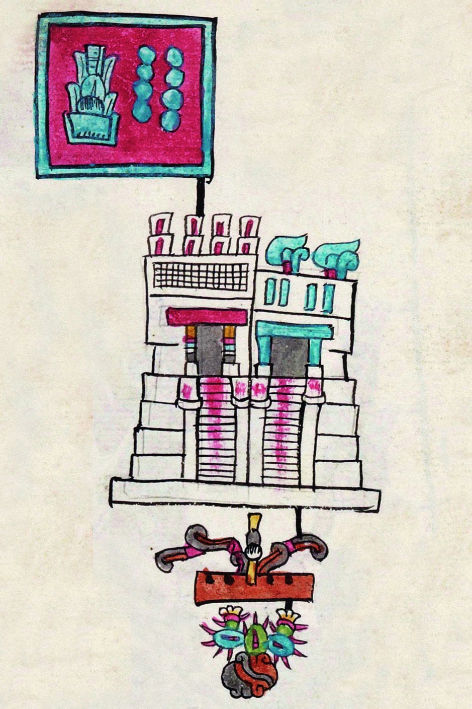 This typical Aztec hieroglyphic sentence (from a document known as the Codex Telleriano-Remensis, now held in the National Library of France, states that "[In] the year [called] '8 Acatl' [literally '8 Reed'], the Great Temple was inaugurated in [the Aztec capital] Tenochtitlan". The top element denotes the year (1487). Below that is the sign for 'Great Temple'. Below that is the verb 'inaugurate' - and at the bottom is the sign for the city of Tenochtitlan.