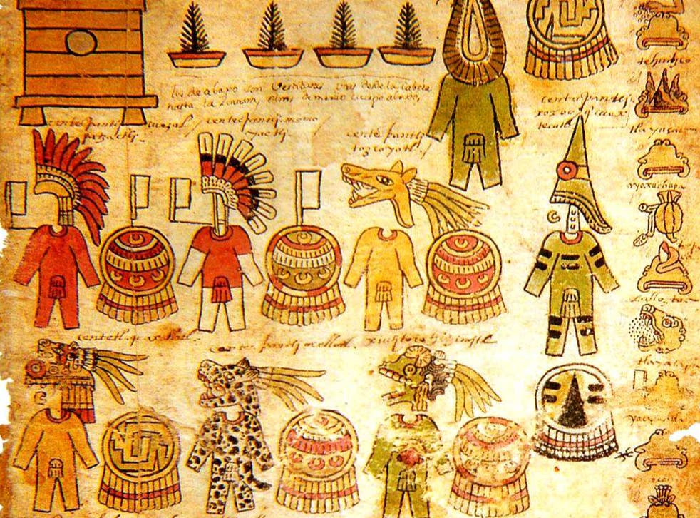 Aztec writing sometimes used different colours to refine a word's meaning: This page is from an early 16th century book about Aztec imperial taxation, the Matricula de Tributos, now in the National Institute of Anthropology and History in Mexico City