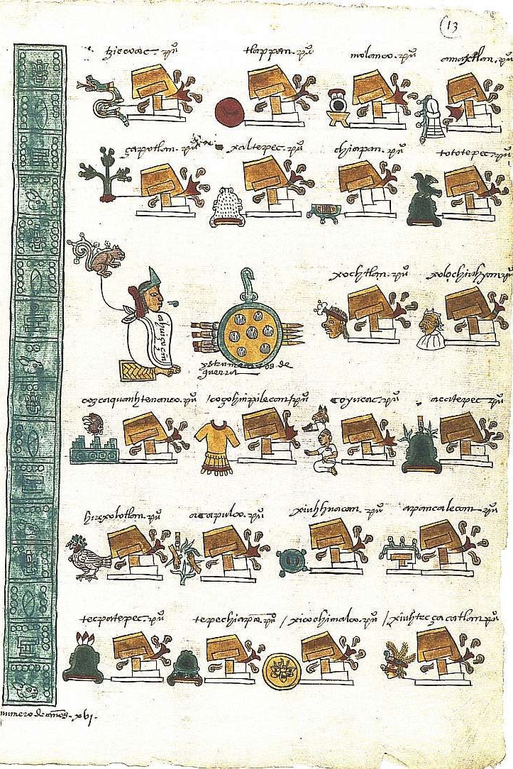 Typical Aztec writing: This page is part of a book (known as the Codex Mendoza) about Aztec history, taxation, and society, written on European paper some twenty years after the Spanish conquest of the Aztec Empire – and now exhibited in Oxford University’s Bodleian Library. The page shows Aztec compound hieroglyphs naming cities conquered by the emperor Ahuitzotl (1486-1502)