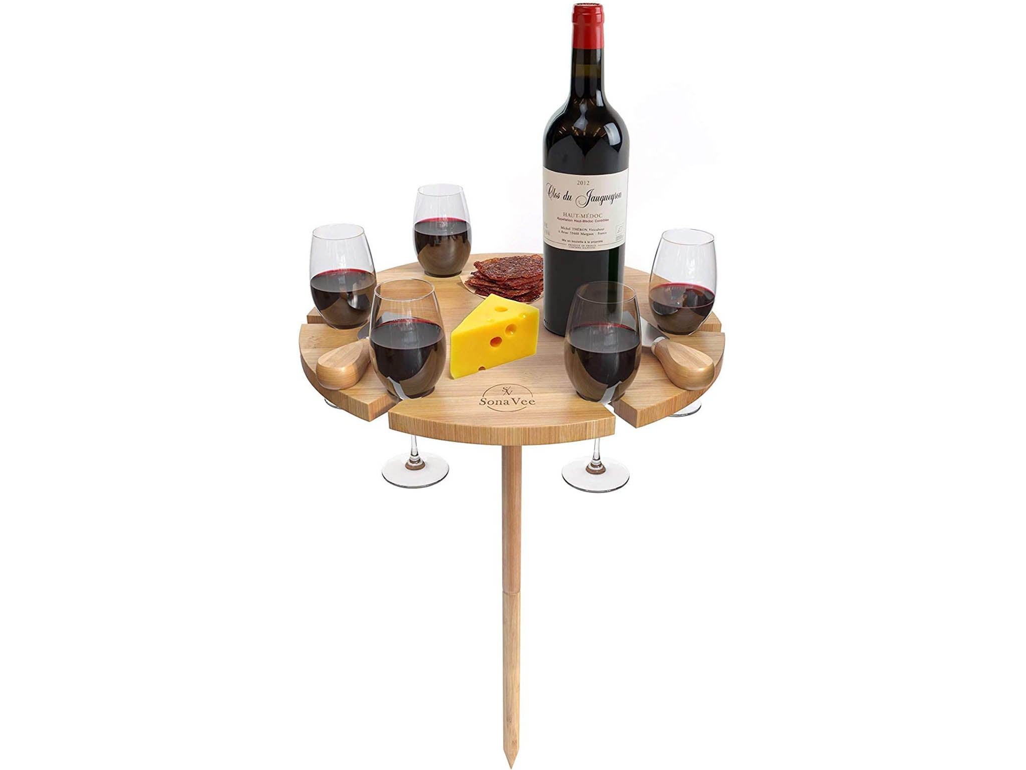 Outdoor Folding Picnic-Table With Glass Holder Wooden Wine Glass Rack Garden UK 