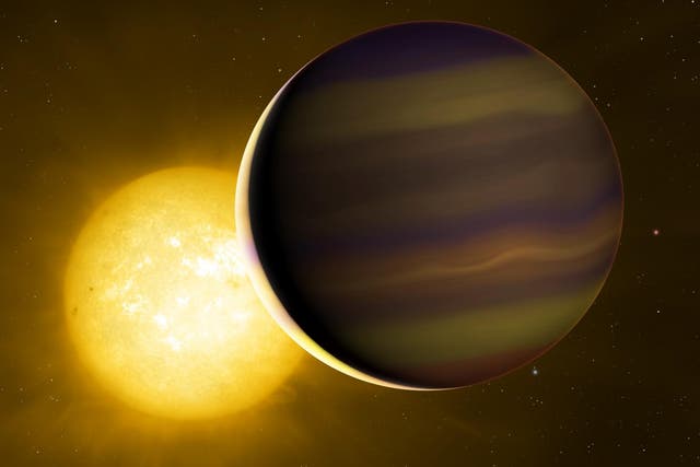 Exoplanet HD 209458b transits its star. The illuminated crescent and its colours have been exaggerated to illustrate the light spectra that the astronomers used to identify the six molecules in its atmosphere