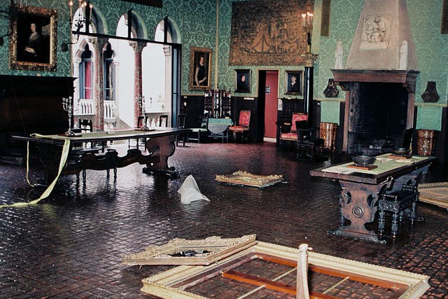 FBI photograph of the crime scene after the Isabella Stewart Gardner Museum robbery in Boston, Massachusetts, in 1990