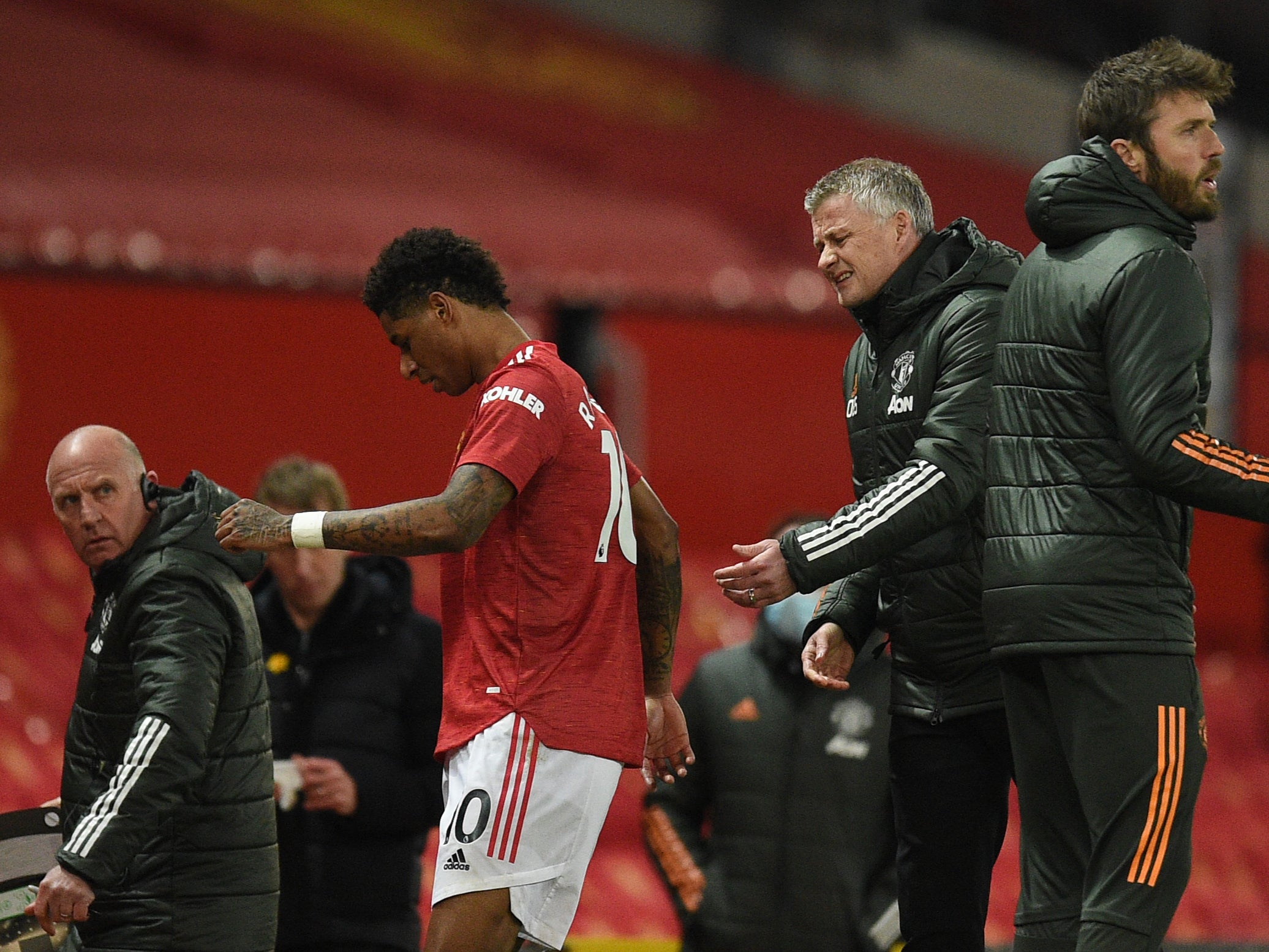 Marcus Rashford reacts to his substitution in Manchester United’s win against Brighton