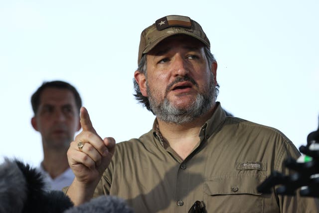<p>Sen. Ted Cruz (R-TX) speaks to the media after a tour of part of the Rio Grande river on a Texas Department of Public Safety boat on March 26, 2021 in Mission, Texas</p>