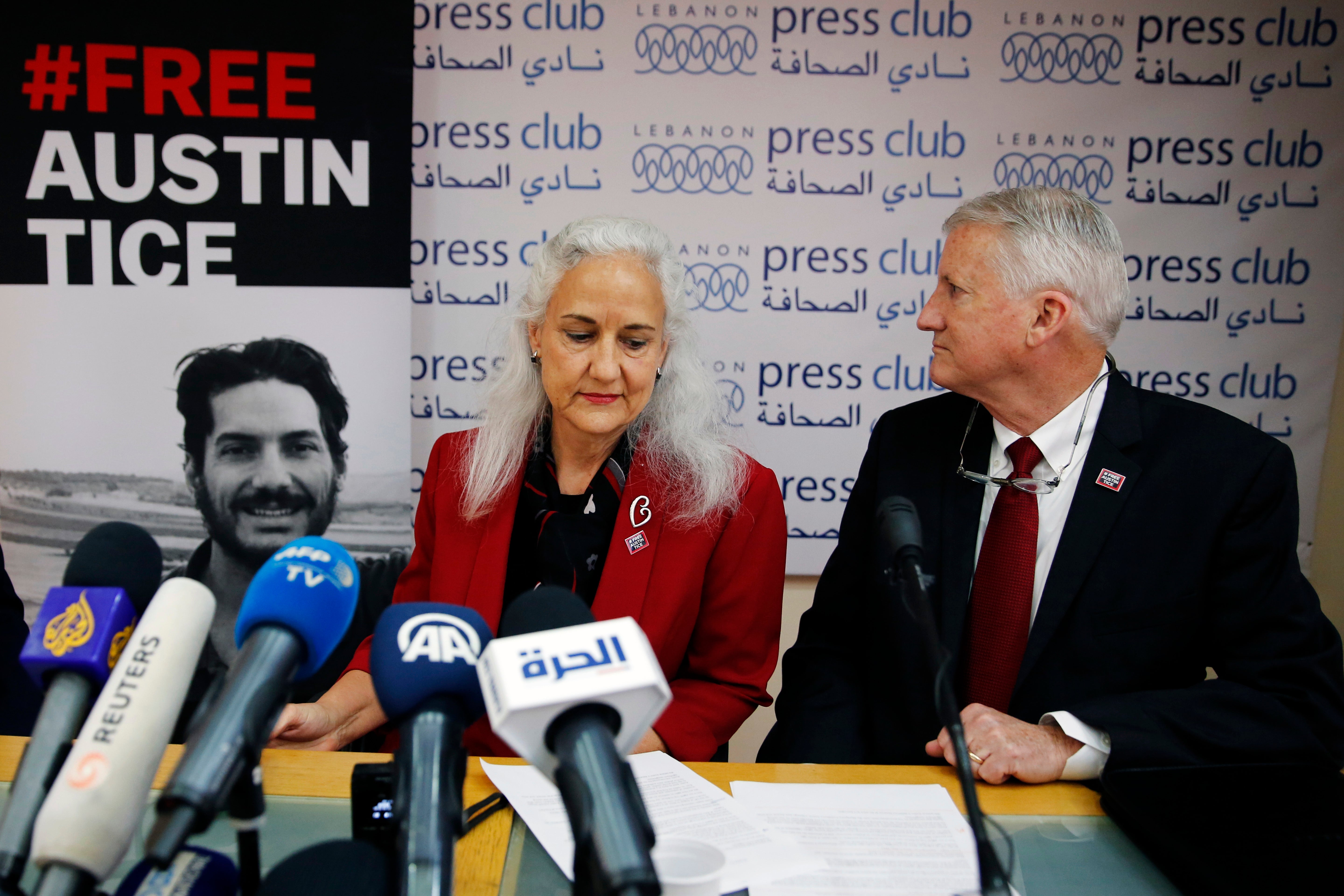 In this Dec. 4, 2018, file photo Marc and Debra Tice, the parents of Austin Tice, who is missing in Syria, speak during a press conference, at the Press Club, in Beirut, Lebanon.