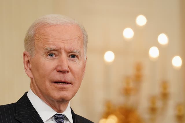 <p>US president Joe Biden delivers remarks on the state of the coronavirus disease (COVID-19) vaccinations from the State Dining Room at the White House in Washington, DC, 6 April, 2021. About 49 per cent adults in America identified with Joe Biden’s Democratic Party </p>