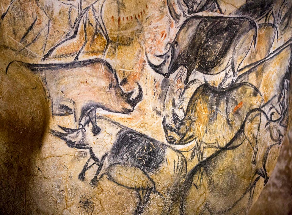 A replica of pre-historic animals drawings on a wall at the site of the Cavern of Pont-d’Arc project in Vallon Pont d’Arc, France