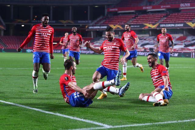 Roberto Soldado of Granada CF celebrates in the Europa League Round of 16