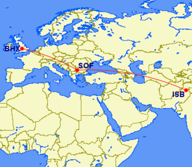 Mystery tour: The flightpath of GullivAir from Islamabad via Sofia to Birmingham