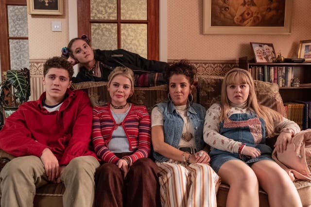 <p>James Maguire, Saoirse Monica-Jackson, Jamie-Lee O’Donnell, Nicola Coughlan and Louisa Clare Harland in Troubles-set sitcom Derry Girls</p>