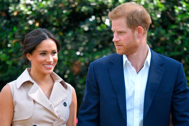 <p>Prince Harry and Meghan Markle appear at the Creative Industries and Business Reception at the British High Commissioner’s residence in Johannesburg on 2 October 2019</p>