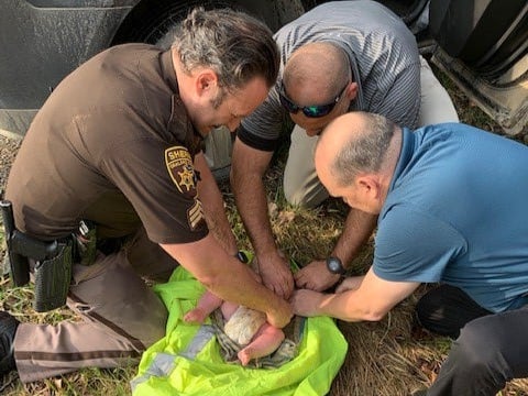 Photo shows first responders and deputies rescuing a 4-month-old baby in Orion Township