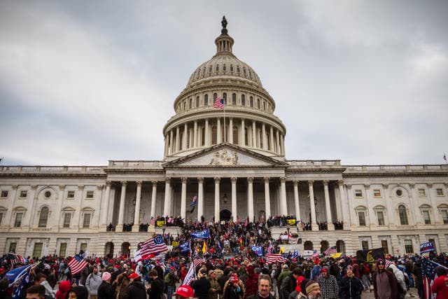 <p>A large group of pro-Trump protesters stand on the East steps of the Capitol Building after storming its grounds on 6 January 2021 in Washington, DC</p>