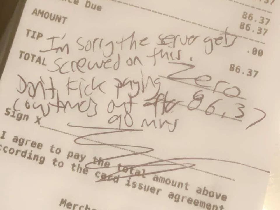 A photo of the bill received by a waitress at The Glenbrook Brewery in Michigan