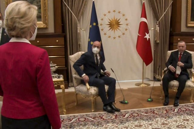 <p>During the talk about Turkey-EU relations, the three were led to a large room for discussions to find there was only two chairs set out for the three leaders</p>