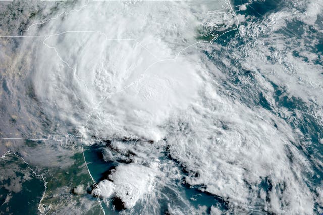 <p>This Wednesday, 27 May 2020 satellite image made available by the National Oceanic and Atmospheric Administration shows Tropical Storm Bertha approaching the South Carolina coast</p>