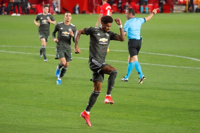 Marcus Rashford celebrates scoring United’s opener